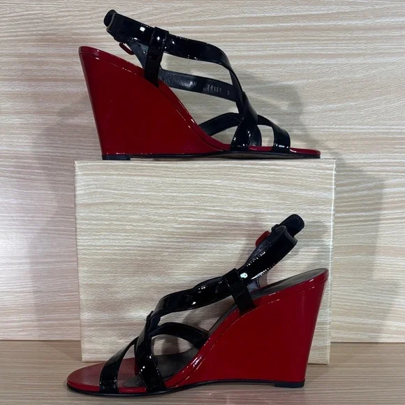 Stuart Weitzman Black Patent Leather Red Wedge Sandals Size 8.5M - Picture 4 of 12